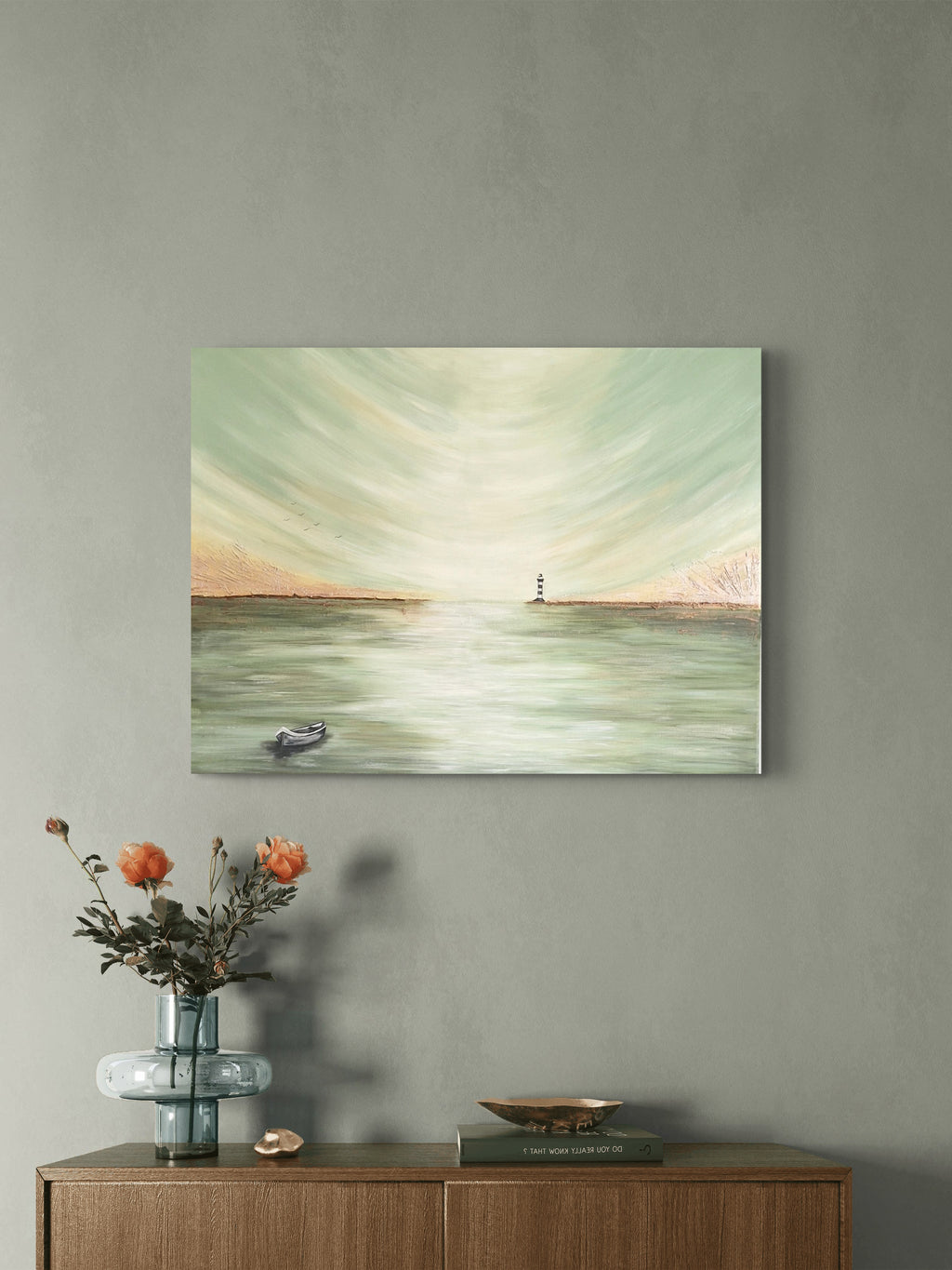 Abstract painting of a landscape with a boat on a calm water surface.