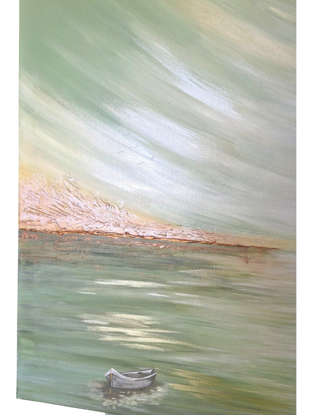 Abstract painting with wavy green and blue brushstrokes and boat