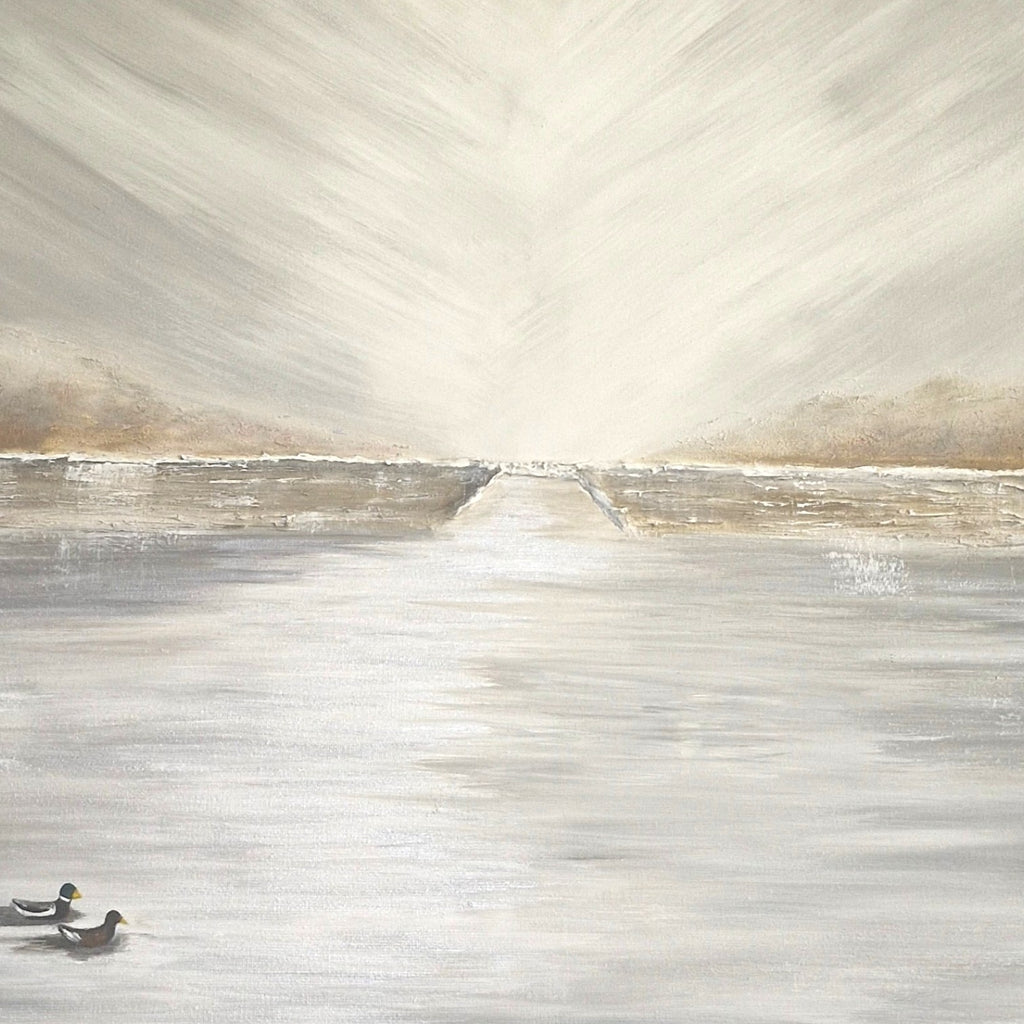 An abstract landscape painting featuring a wide expanse of light gray and white water or snow under a bright, sunlit sky, with two small ducks in the lower-left corner.