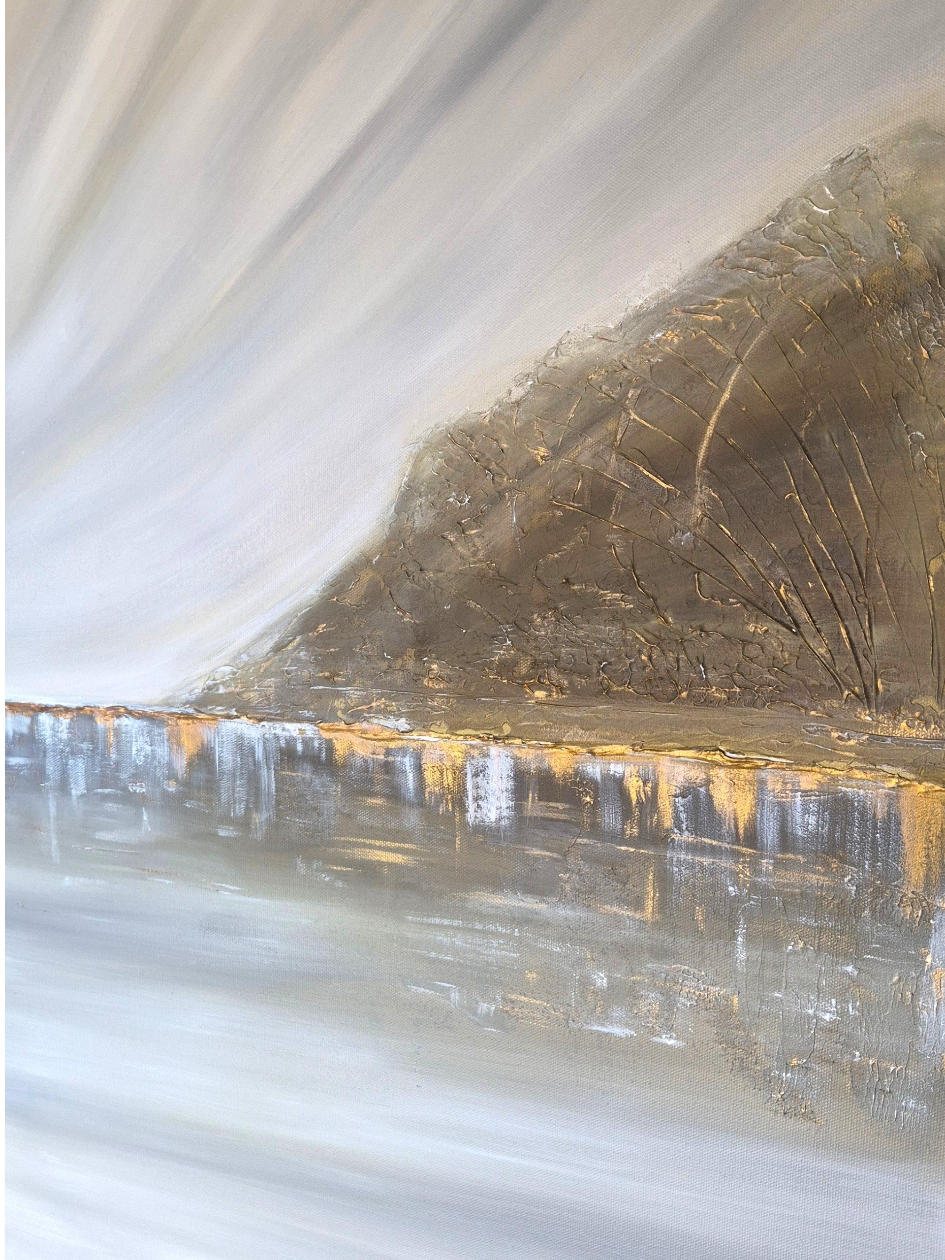An abstract landscape painting depicting a mountain or cliff face with textured brushstrokes, reflected in a calm body of water under a cloudy sky.
