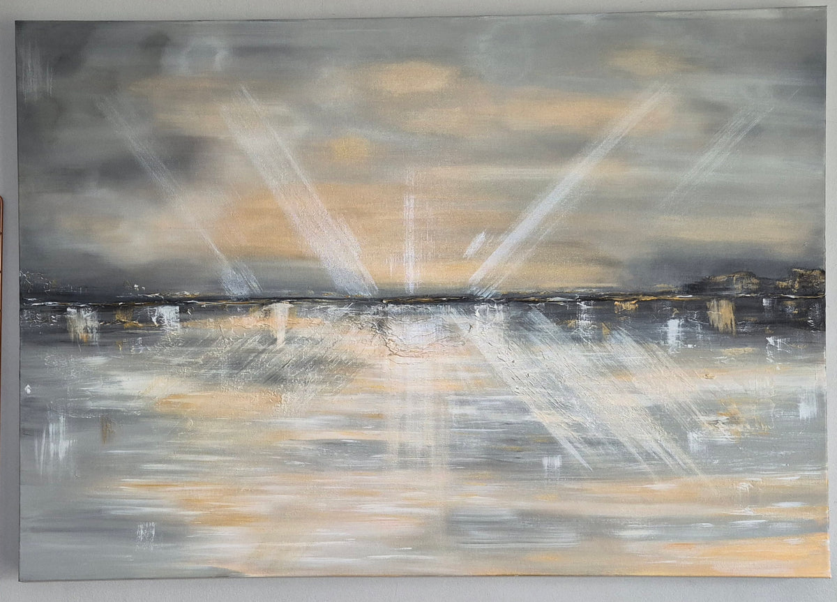An abstract landscape painting depicting a dramatic sky with sun rays breaking through clouds over a reflective body of water, rendered in shades of gray, beige, and white.