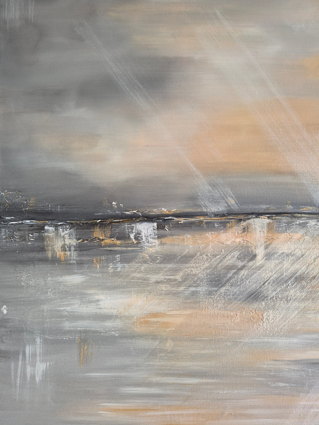 An abstract landscape painting featuring a dramatic sky with gray and white clouds, soft orange light, and textured brushstrokes reflecting over a calm body of water.
