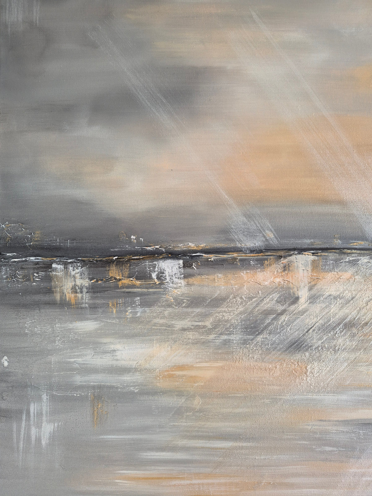An abstract landscape painting featuring a dramatic sky with gray and white clouds, soft orange light, and textured brushstrokes reflecting over a calm body of water.