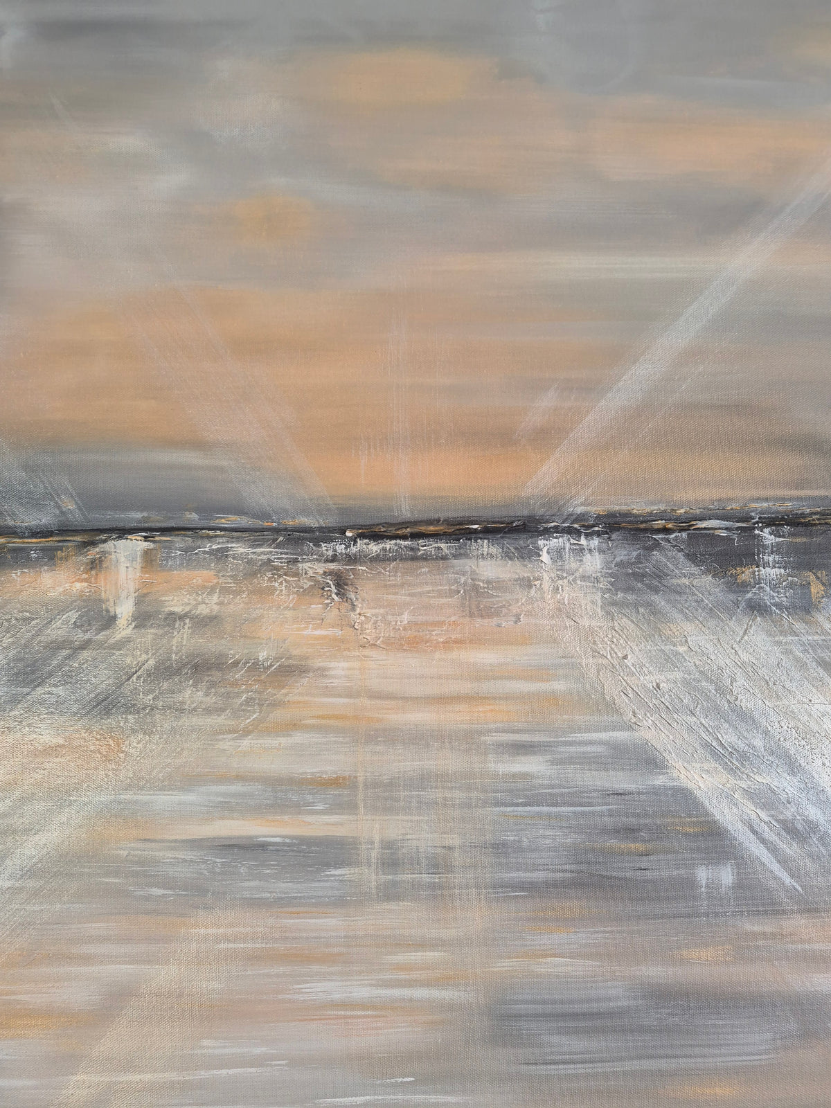 An abstract landscape painting featuring a horizon line with a warm beige and gray sky above, and light rays reflecting across a textured, snowy or icy surface below.