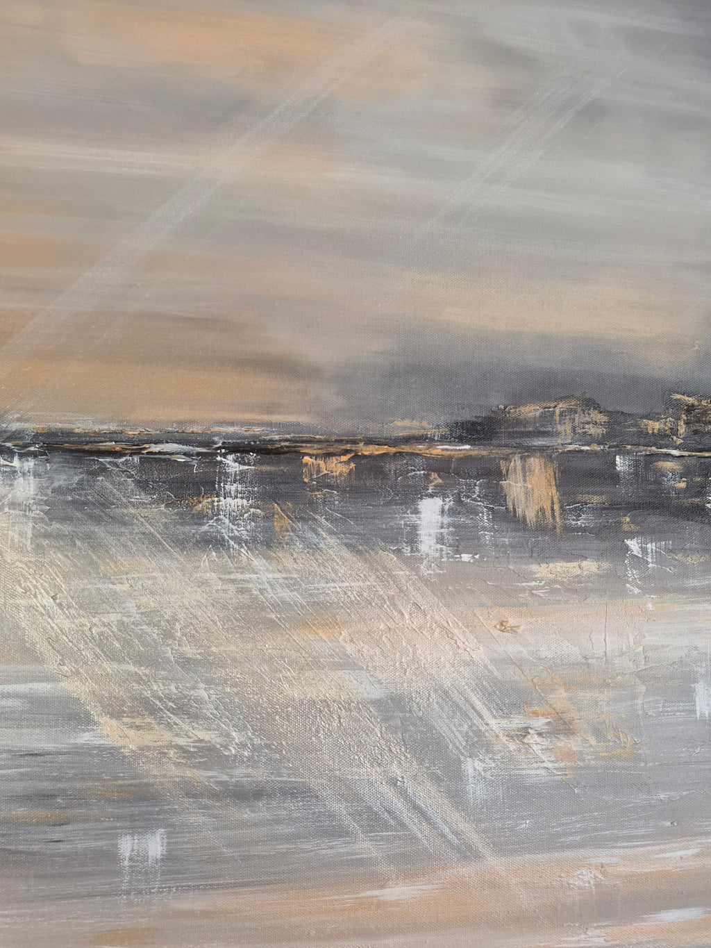 An abstract landscape painting featuring textured brushstrokes of gray, beige, and brown, depicting a misty coastal or valley scene with a dark horizon and soft light rays.